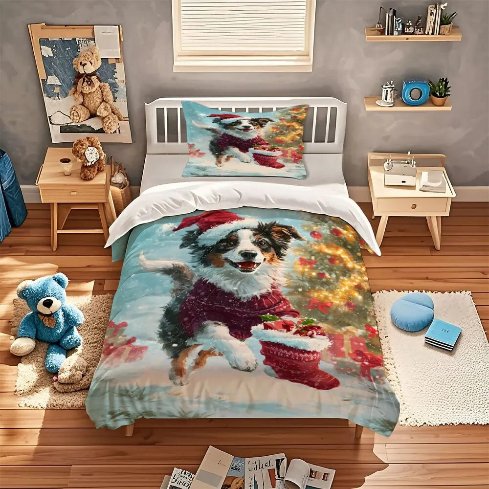 Christmas Aussie Dog Santa Sweater Stocking Blue Christmas Gift Duvet Cover Set Kids Bedding Set