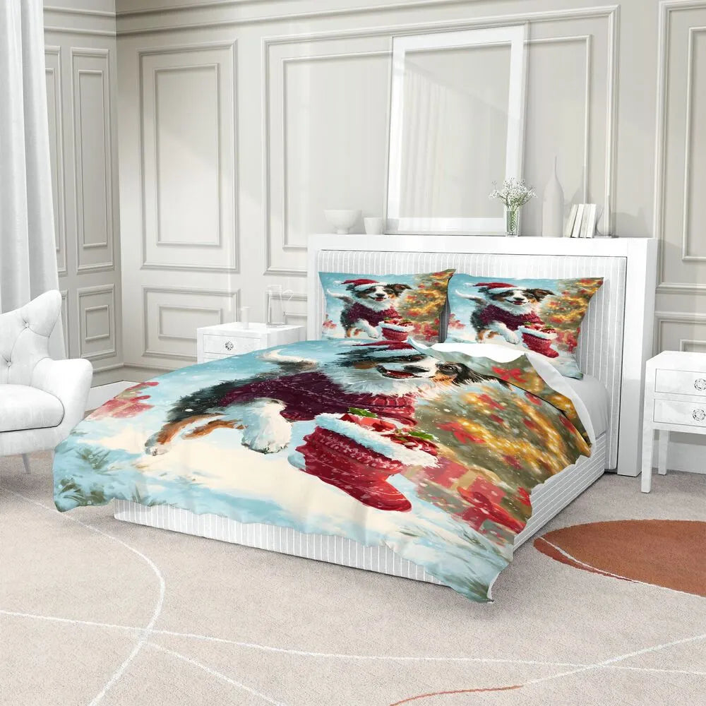 Christmas Aussie Dog Santa Sweater Stocking Blue Christmas Gift Duvet Cover Set Kids Bedding Set