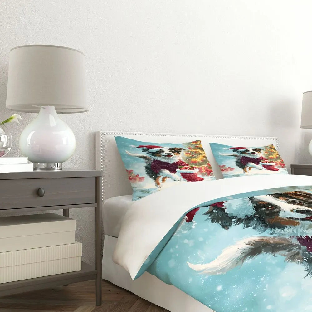 Christmas Aussie Dog Santa Sweater Stocking Blue Christmas Gift Duvet Cover Set Kids Bedding Set