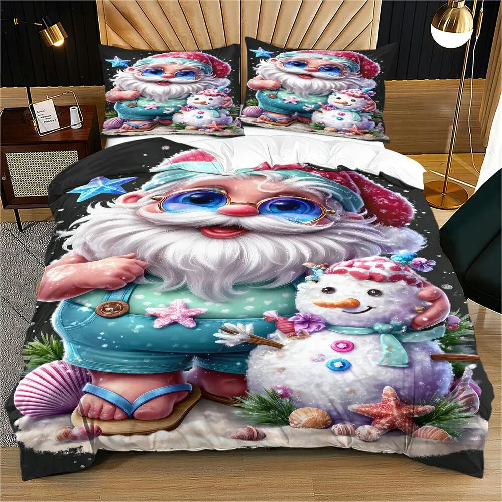 Christmas Beach Santa Snowman Shells Black Christmas Gift Duvet Cover Set Kids Bedding Set