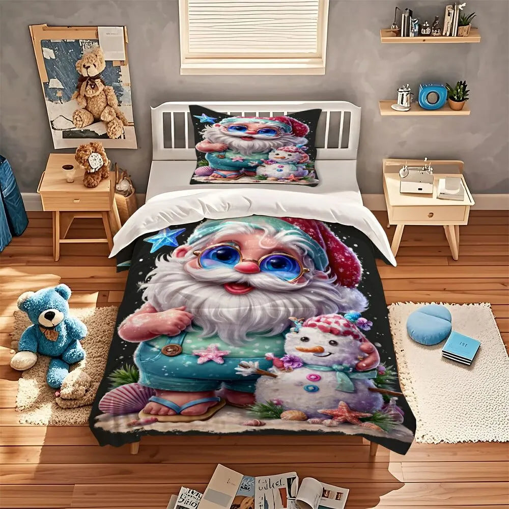 Christmas Beach Santa Snowman Shells Black Christmas Gift Duvet Cover Set Kids Bedding Set