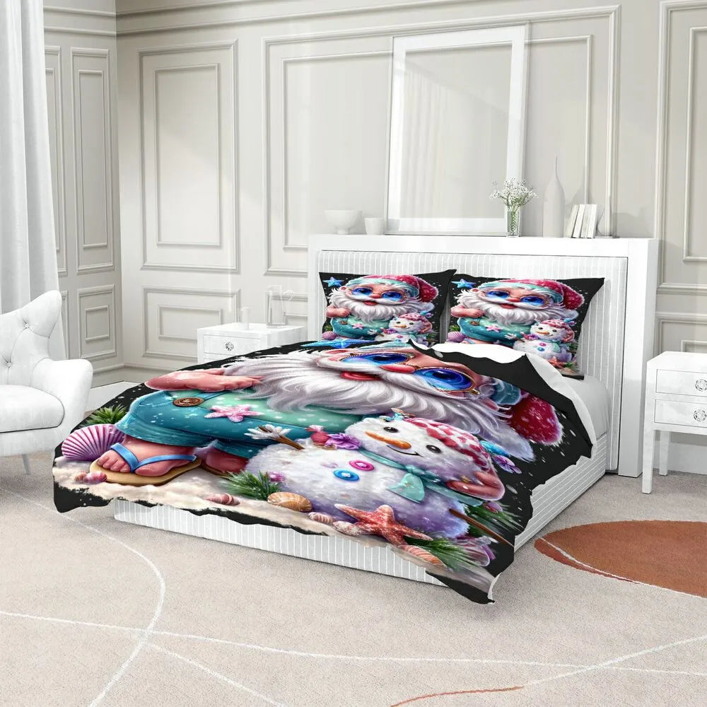 Christmas Beach Santa Snowman Shells Black Christmas Gift Duvet Cover Set Kids Bedding Set