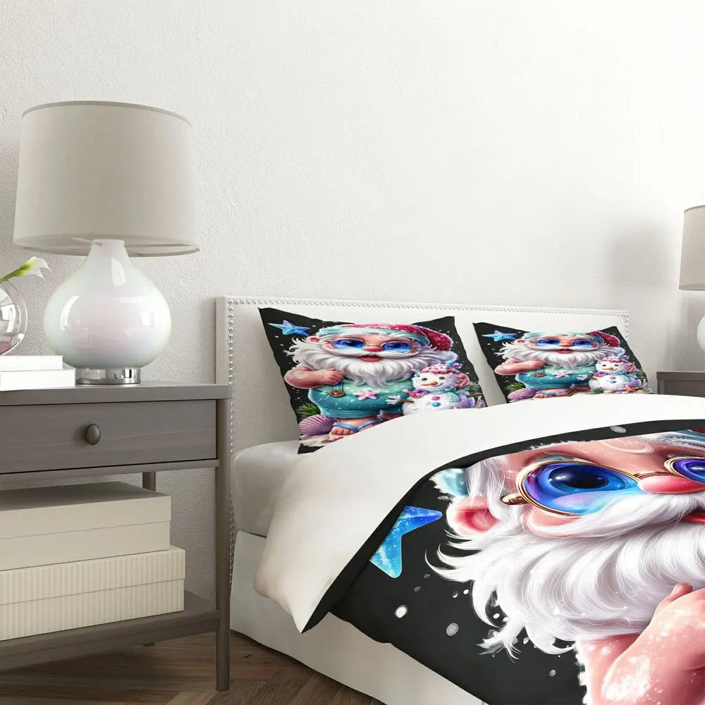 Christmas Beach Santa Snowman Shells Black Christmas Gift Duvet Cover Set Kids Bedding Set
