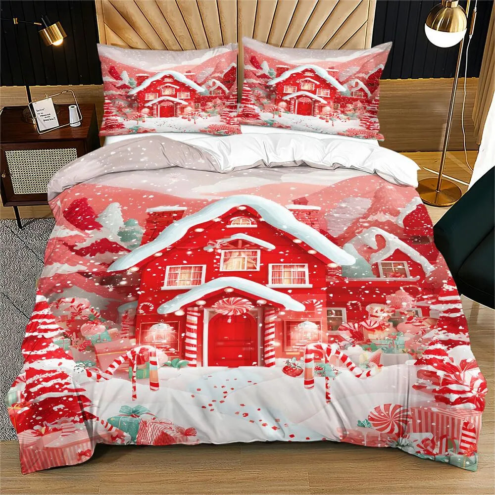 Christmas Candy House Snowy Red Christmas Gift Duvet Cover Set Kids Bedding Set