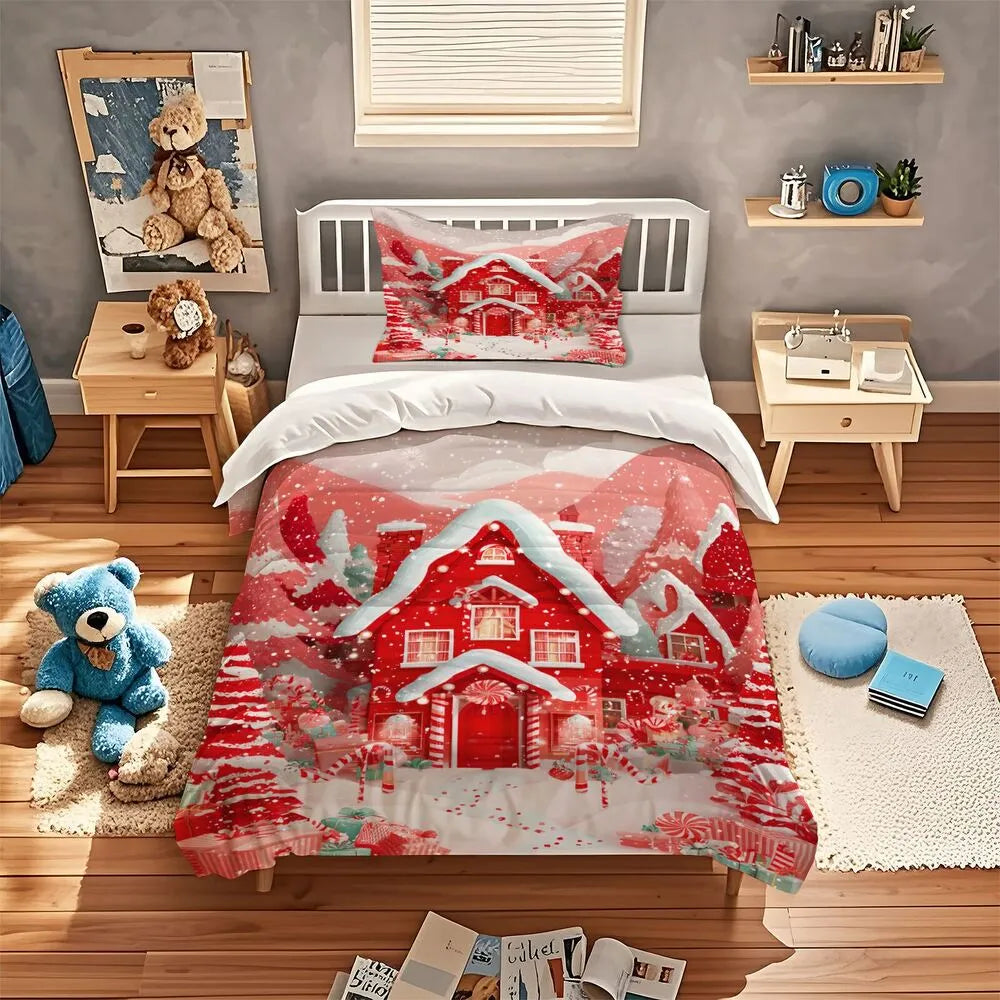 Christmas Candy House Snowy Red Christmas Gift Duvet Cover Set Kids Bedding Set