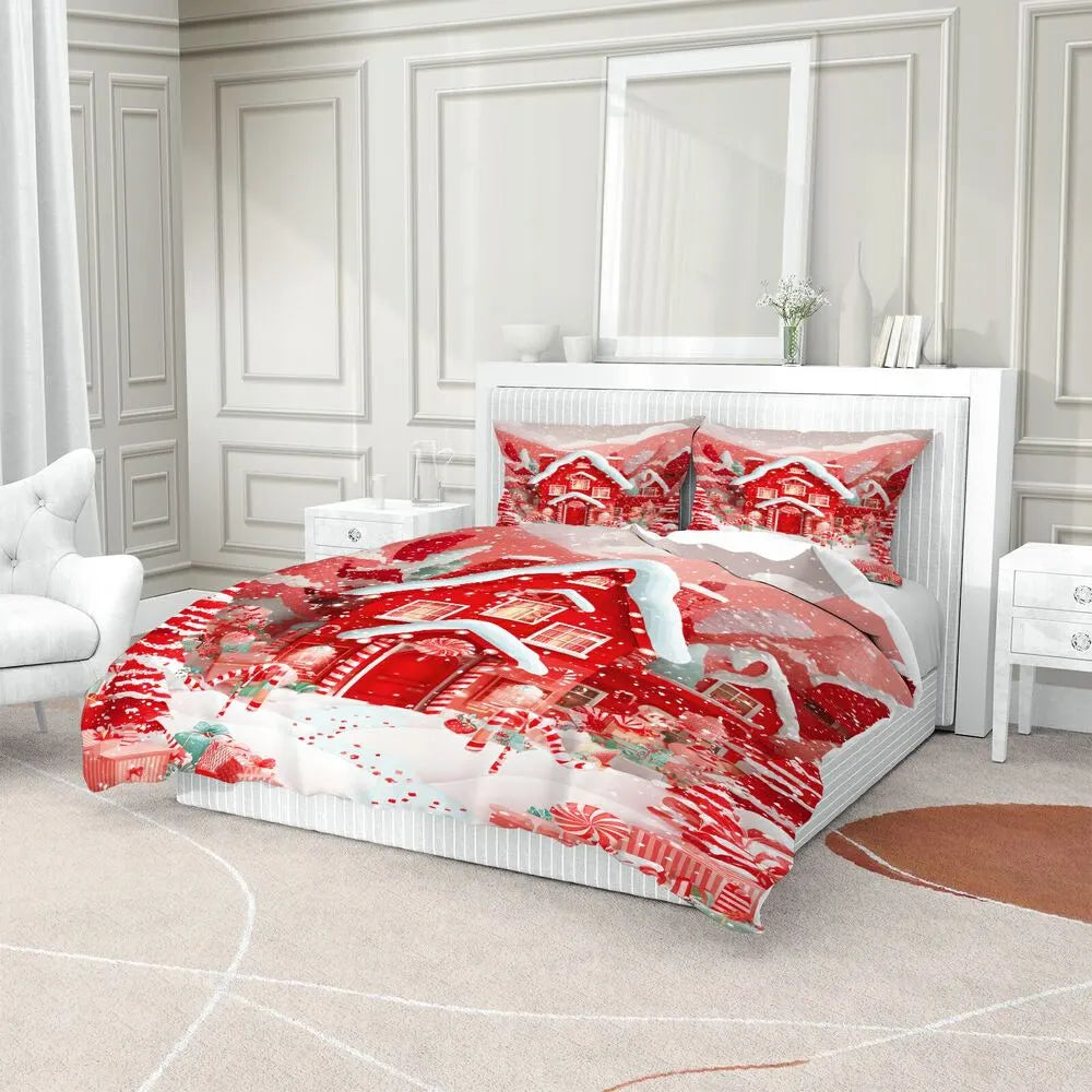 Christmas Candy House Snowy Red Christmas Gift Duvet Cover Set Kids Bedding Set