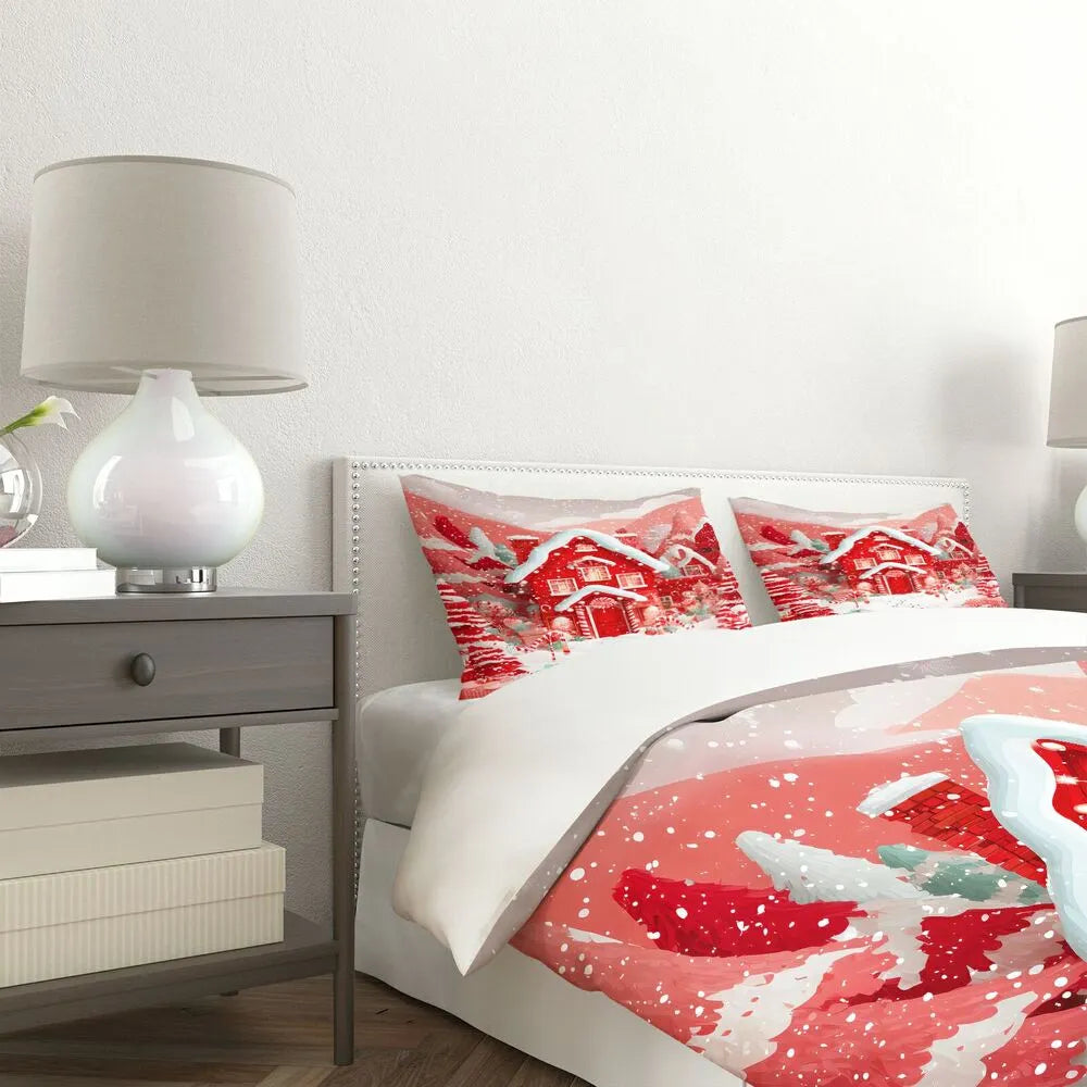 Christmas Candy House Snowy Red Christmas Gift Duvet Cover Set Kids Bedding Set
