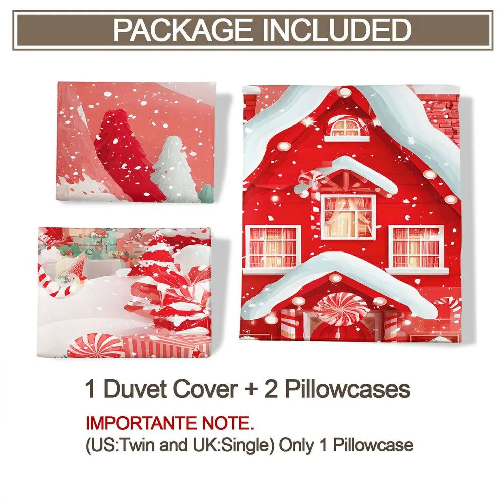 Christmas Candy House Snowy Red Christmas Gift Duvet Cover Set Kids Bedding Set