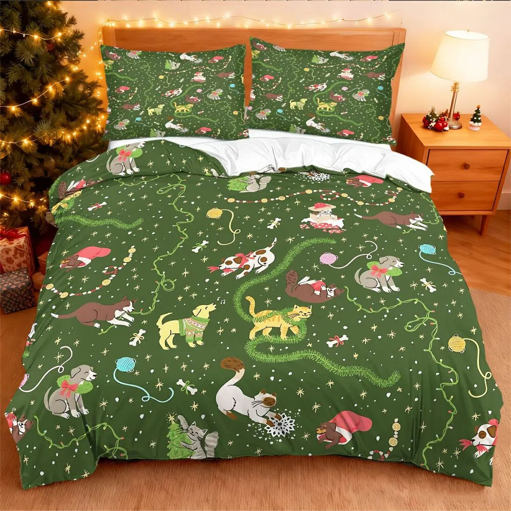 Christmas Cats Dogs Yarn Christmas Gift Duvet Cover Set Kids Bedding Set