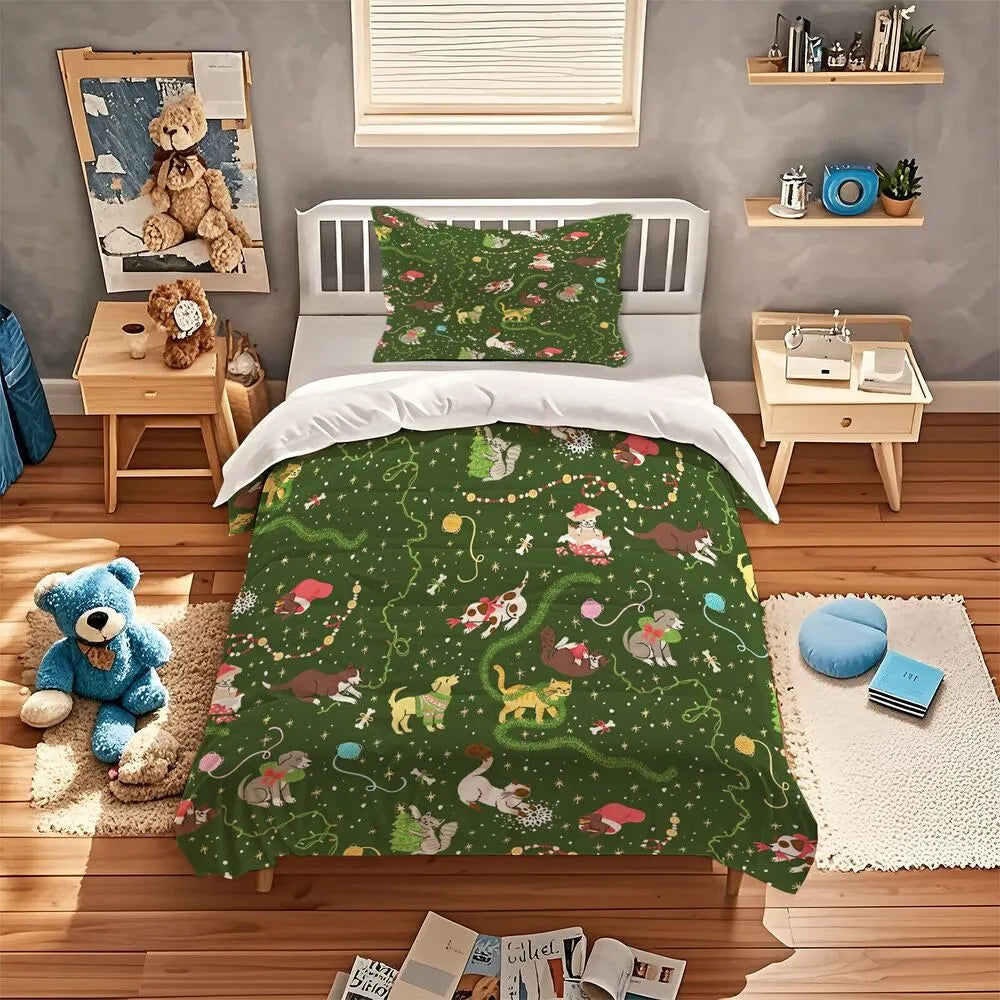 Christmas Cats Dogs Yarn Christmas Gift Duvet Cover Set Kids Bedding Set