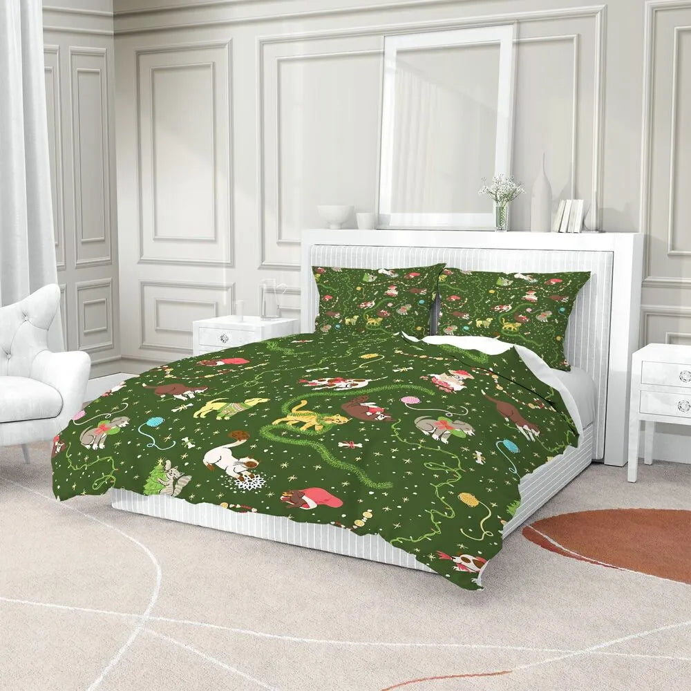 Christmas Cats Dogs Yarn Christmas Gift Duvet Cover Set Kids Bedding Set