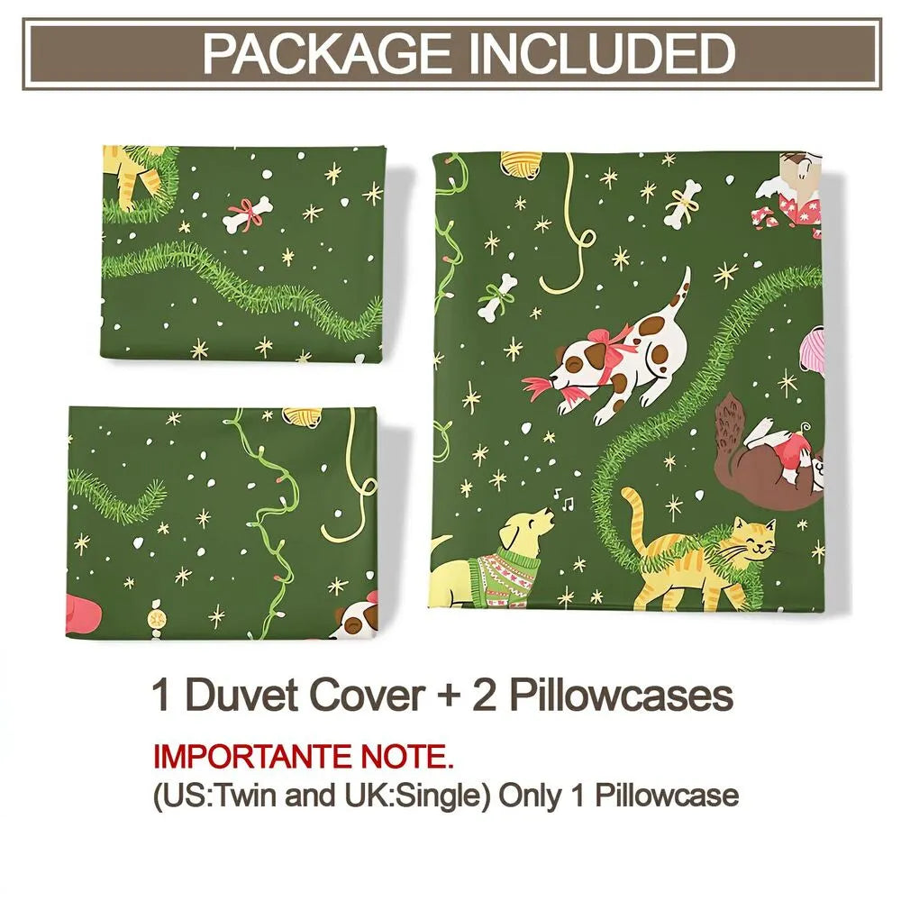 Christmas Cats Dogs Yarn Christmas Gift Duvet Cover Set Kids Bedding Set