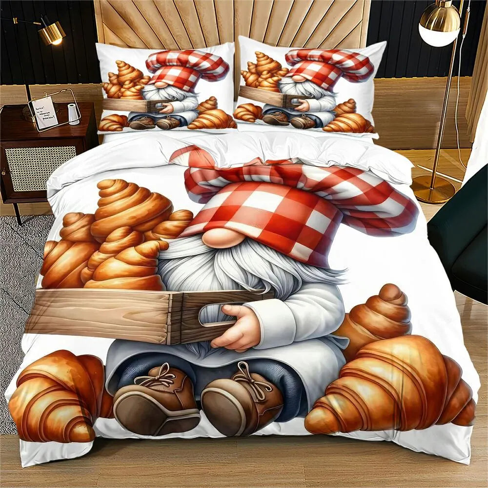 Christmas Chef Gnome Croissants Christmas Gift Duvet Cover Set Kids Bedding Set
