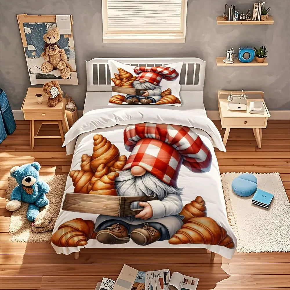 Christmas Chef Gnome Croissants Christmas Gift Duvet Cover Set Kids Bedding Set