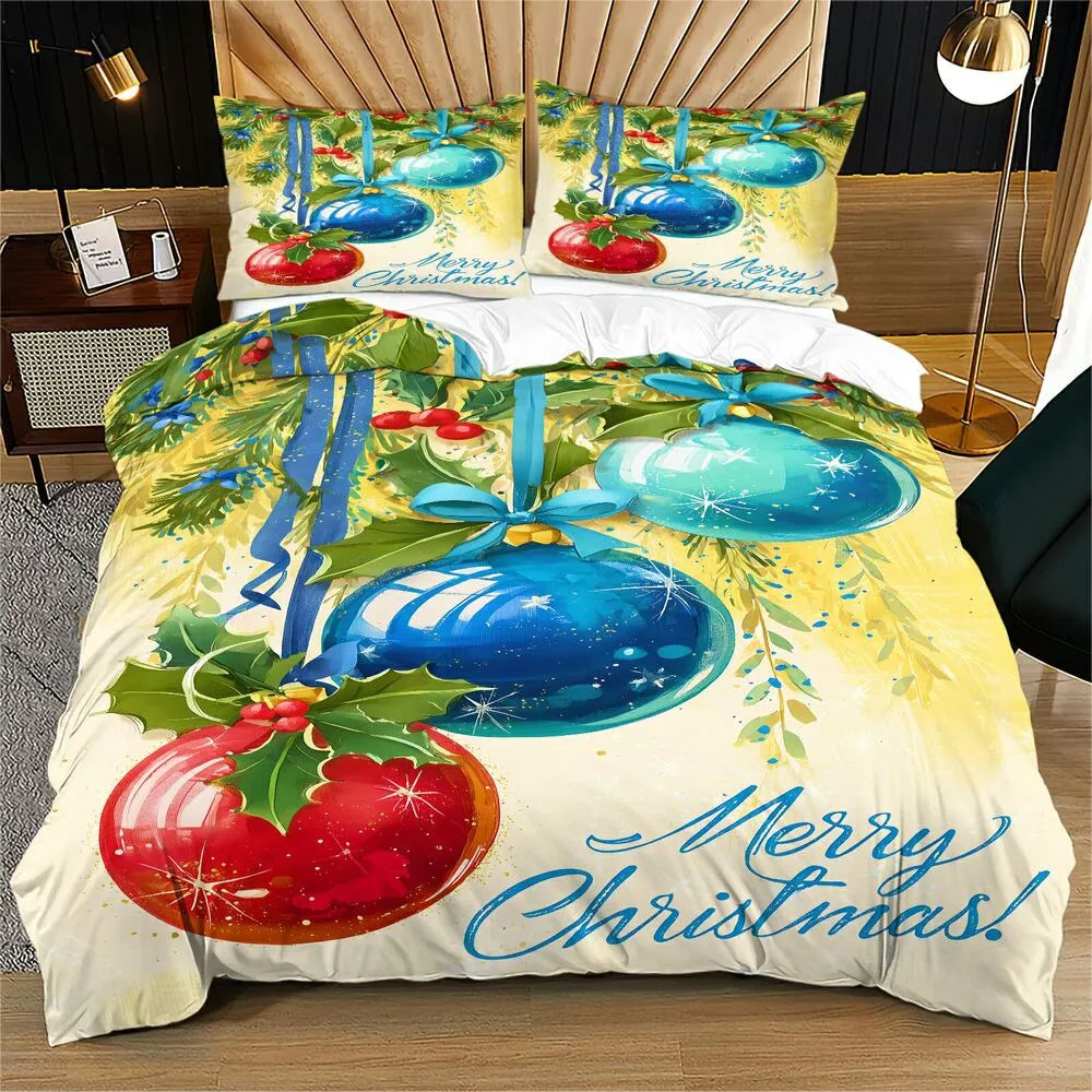 Christmas Colorful Ornaments Merry Christmas Yellow Blue Christmas Gift Duvet Cover Set Kids Bedding Set