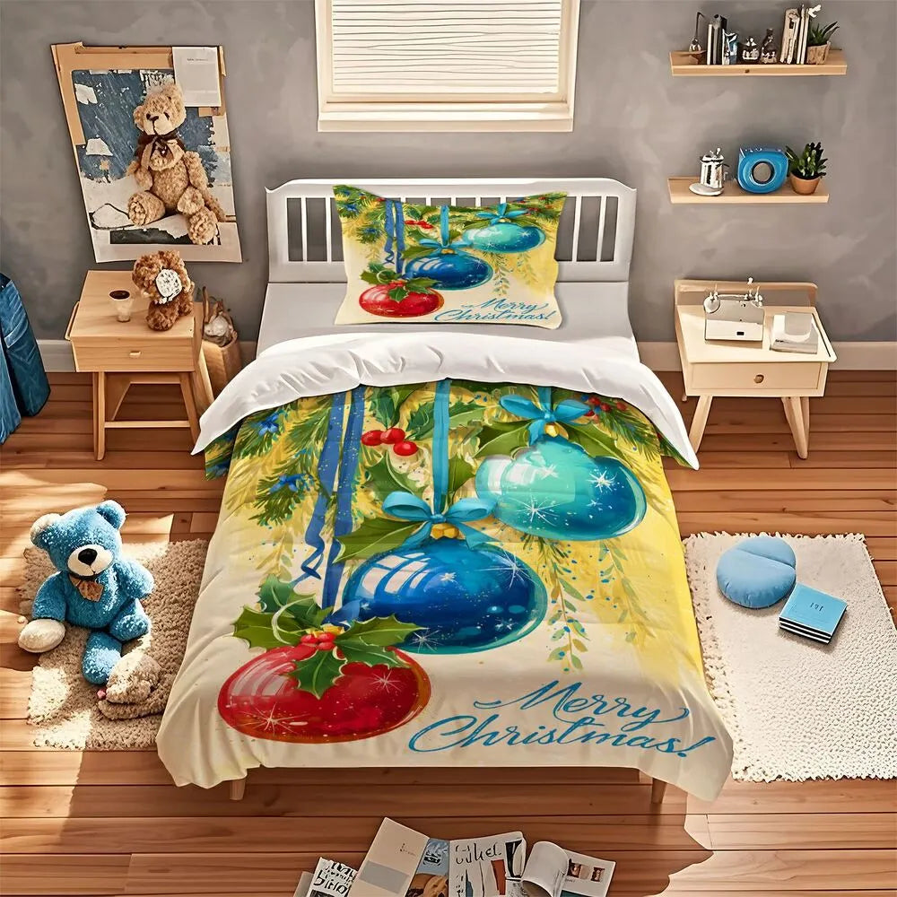 Christmas Colorful Ornaments Merry Christmas Yellow Blue Christmas Gift Duvet Cover Set Kids Bedding Set