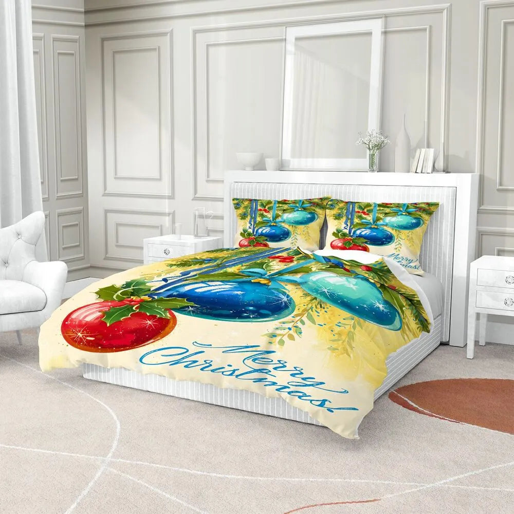 Christmas Colorful Ornaments Merry Christmas Yellow Blue Christmas Gift Duvet Cover Set Kids Bedding Set