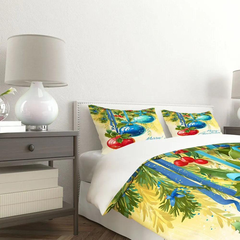 Christmas Colorful Ornaments Merry Christmas Yellow Blue Christmas Gift Duvet Cover Set Kids Bedding Set