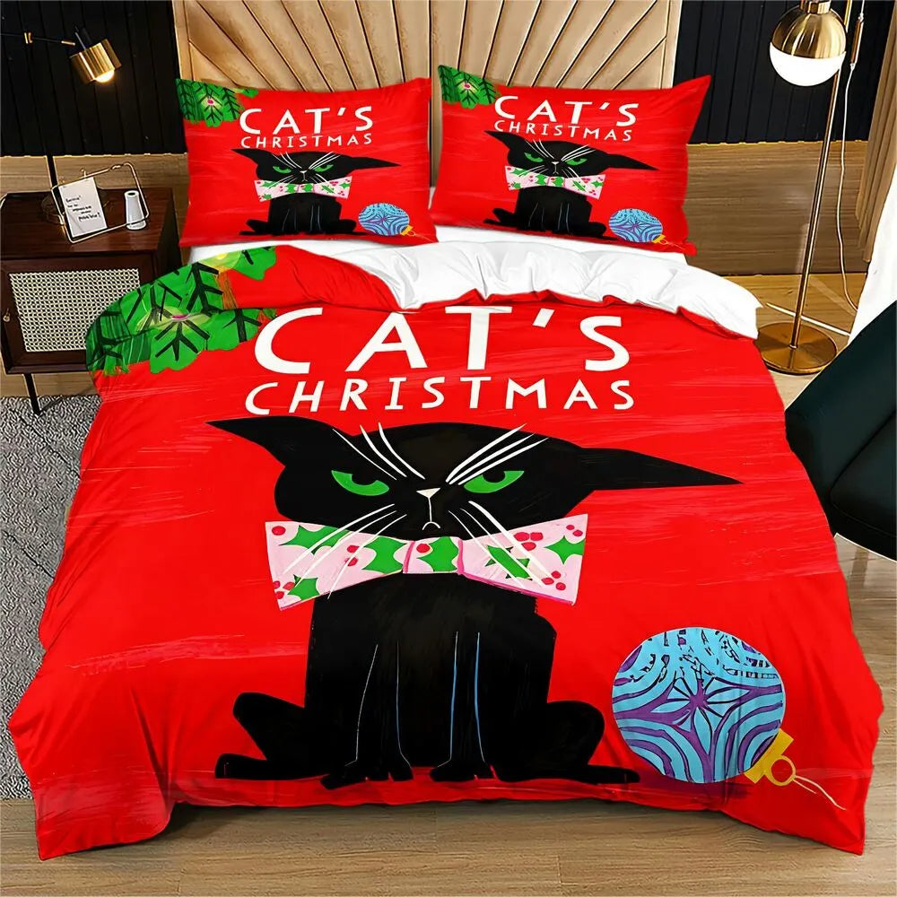 Christmas Cute Black Cat Red Christmas Gift Duvet Cover Set Kids Bedding Set