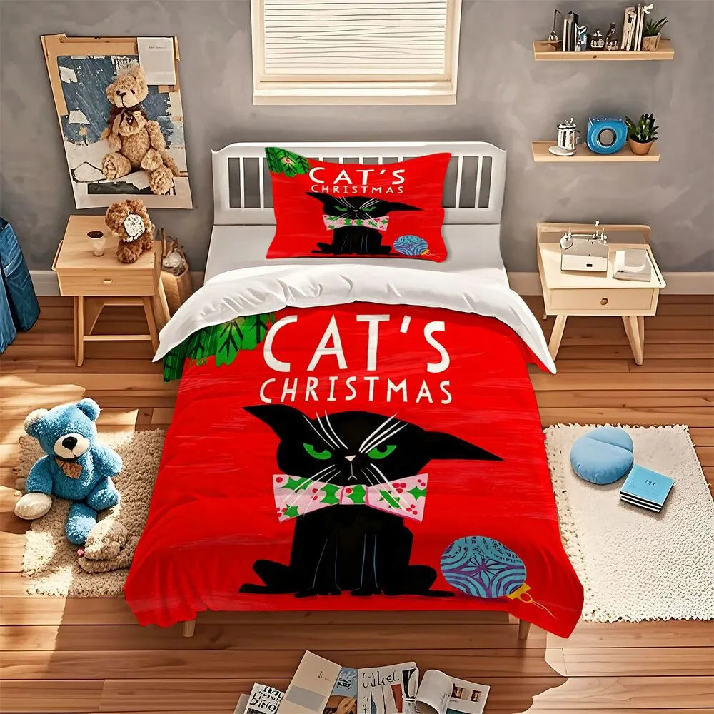 Christmas Cute Black Cat Red Christmas Gift Duvet Cover Set Kids Bedding Set