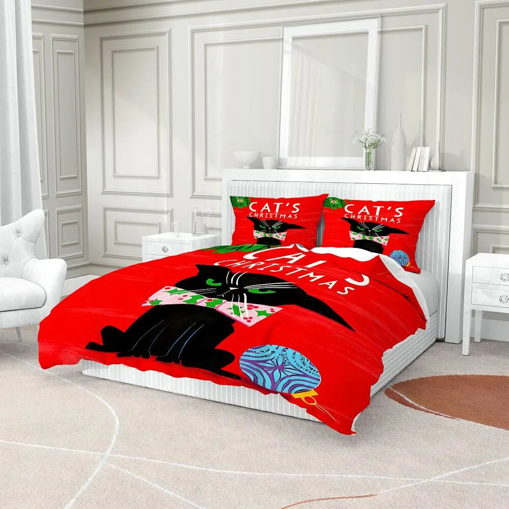 Christmas Cute Black Cat Red Christmas Gift Duvet Cover Set Kids Bedding Set