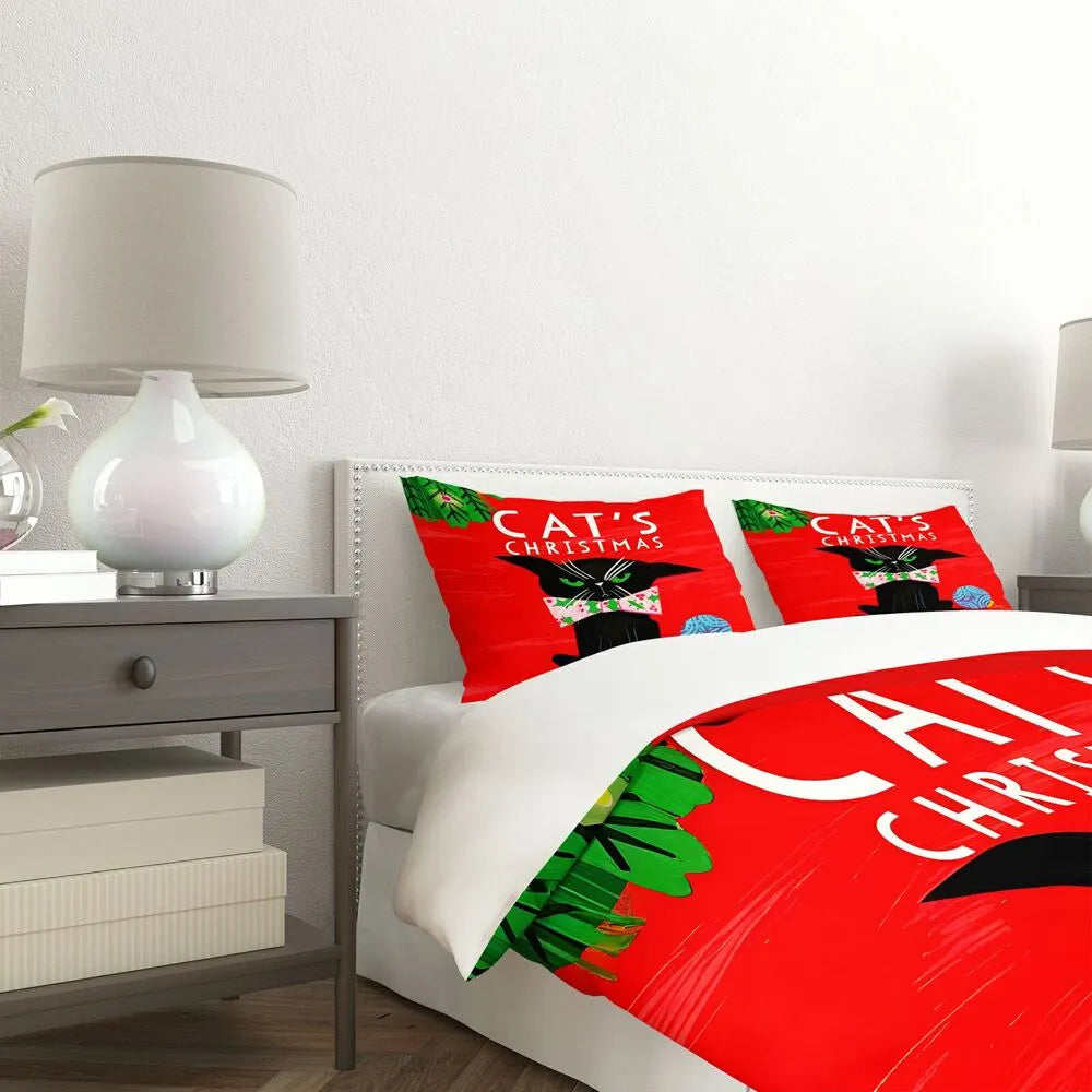 Christmas Cute Black Cat Red Christmas Gift Duvet Cover Set Kids Bedding Set