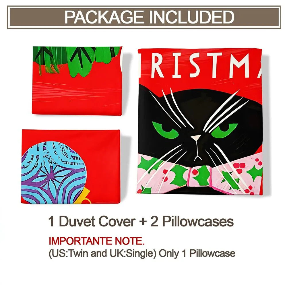 Christmas Cute Black Cat Red Christmas Gift Duvet Cover Set Kids Bedding Set