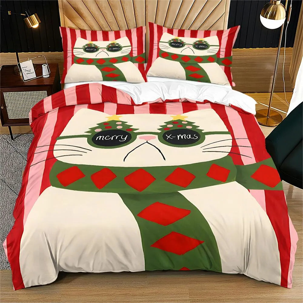 Christmas Cute Cat Merry Xmas Red Green Christmas Gift Duvet Cover Set Kids Bedding Set