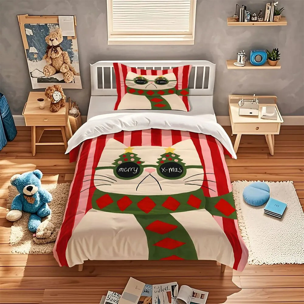 Christmas Cute Cat Merry Xmas Red Green Christmas Gift Duvet Cover Set Kids Bedding Set