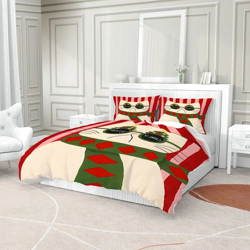 Christmas Cute Cat Merry Xmas Red Green Christmas Gift Duvet Cover Set Kids Bedding Set