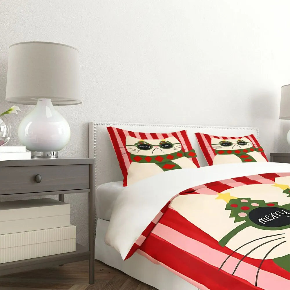 Christmas Cute Cat Merry Xmas Red Green Christmas Gift Duvet Cover Set Kids Bedding Set