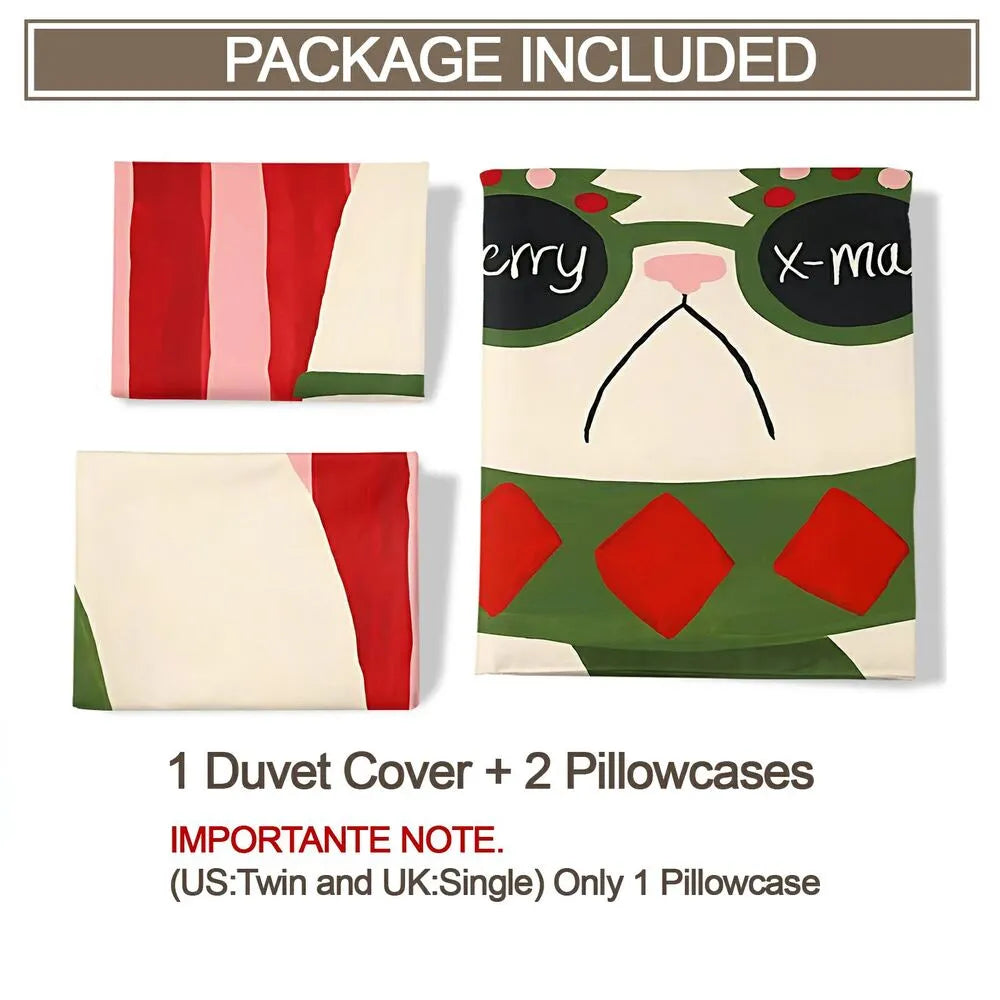 Christmas Cute Cat Merry Xmas Red Green Christmas Gift Duvet Cover Set Kids Bedding Set