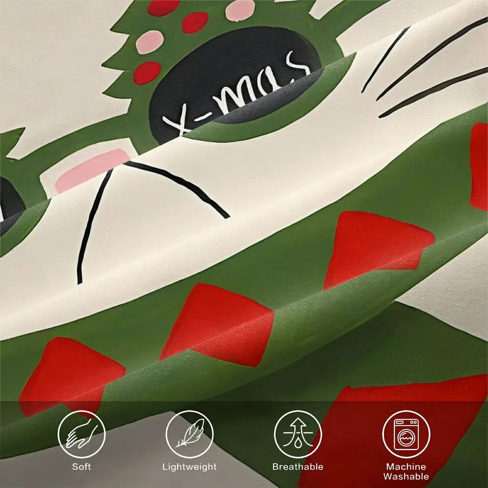 Christmas Cute Cat Merry Xmas Red Green Christmas Gift Duvet Cover Set Kids Bedding Set