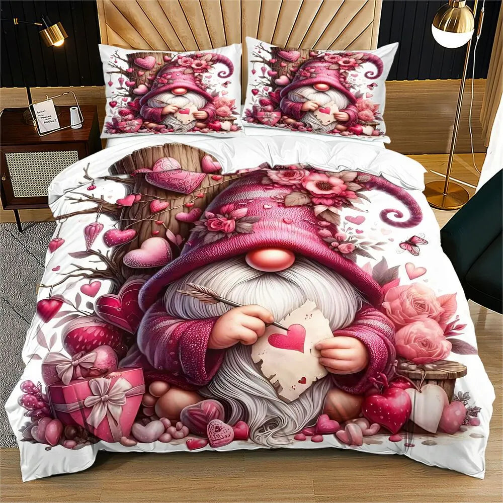 Christmas Cute Gnome Pink Heart Floral Christmas Gift Duvet Cover Set Kids Bedding Set