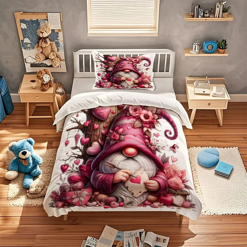 Christmas Cute Gnome Pink Heart Floral Christmas Gift Duvet Cover Set Kids Bedding Set