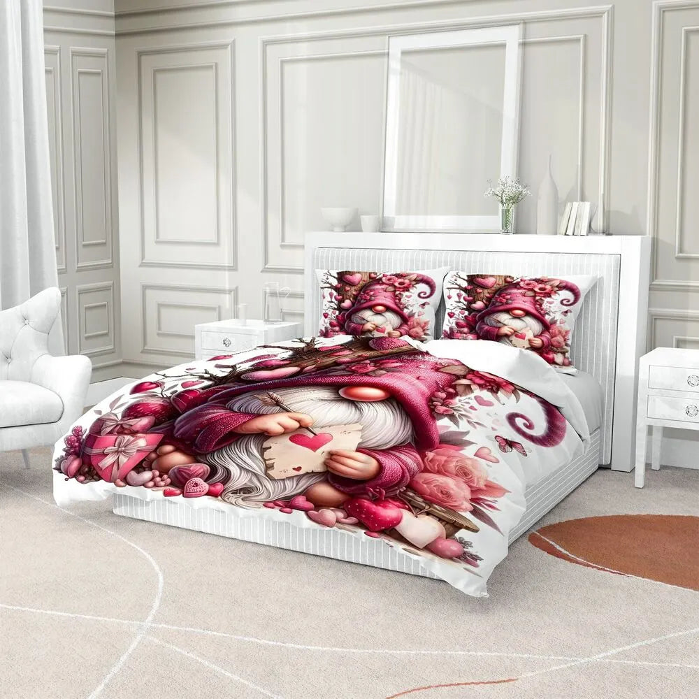 Christmas Cute Gnome Pink Heart Floral Christmas Gift Duvet Cover Set Kids Bedding Set