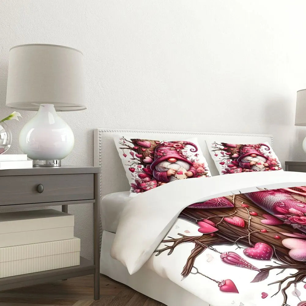 Christmas Cute Gnome Pink Heart Floral Christmas Gift Duvet Cover Set Kids Bedding Set