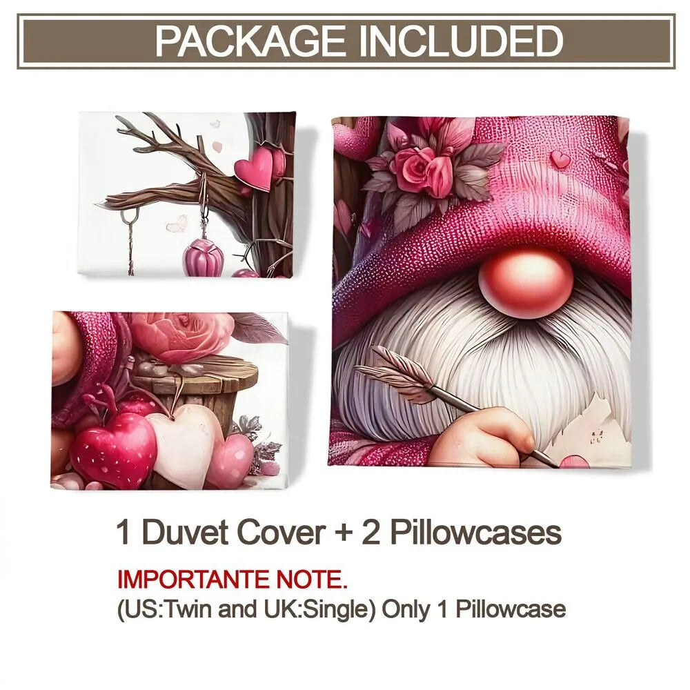Christmas Cute Gnome Pink Heart Floral Christmas Gift Duvet Cover Set Kids Bedding Set