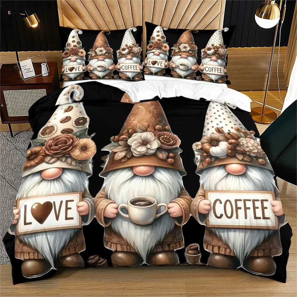 Christmas Cute Gnomes Coffee Love Black Brown Christmas Gift Duvet Cover Set Kids Bedding Set