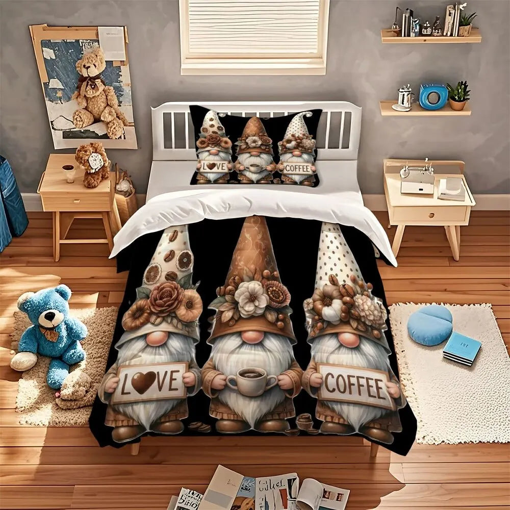 Christmas Cute Gnomes Coffee Love Black Brown Christmas Gift Duvet Cover Set Kids Bedding Set