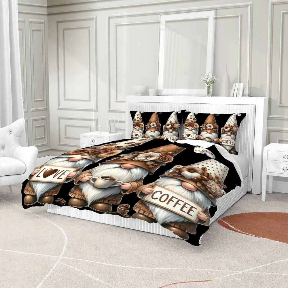 Christmas Cute Gnomes Coffee Love Black Brown Christmas Gift Duvet Cover Set Kids Bedding Set