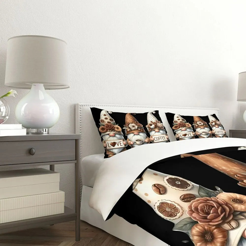 Christmas Cute Gnomes Coffee Love Black Brown Christmas Gift Duvet Cover Set Kids Bedding Set