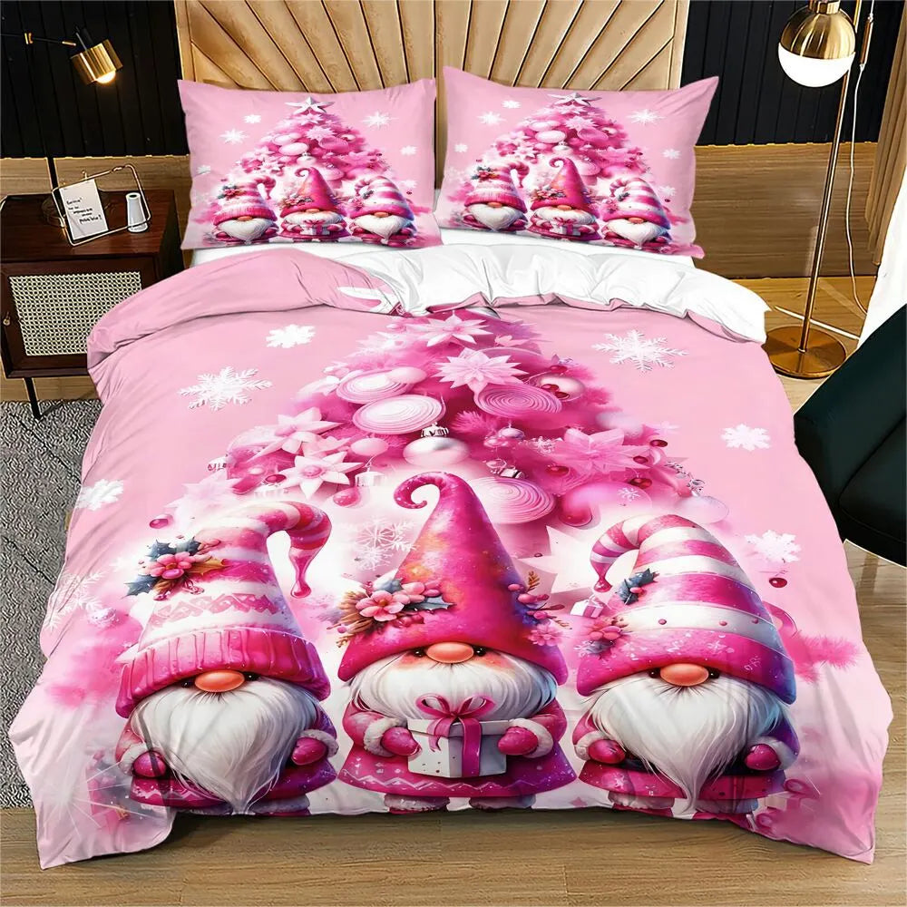 Christmas Cute Gnomes Pink Tree Christmas Gift Duvet Cover Set Kids Bedding Set