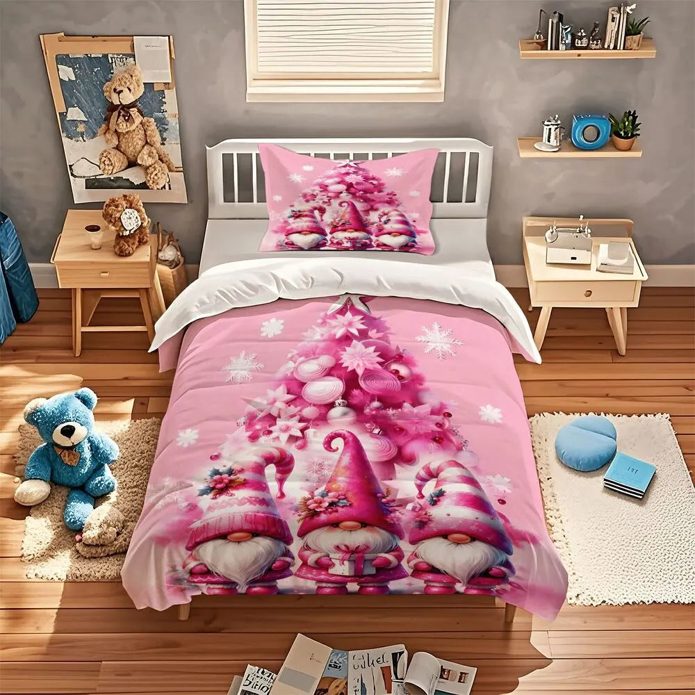 Christmas Cute Gnomes Pink Tree Christmas Gift Duvet Cover Set Kids Bedding Set
