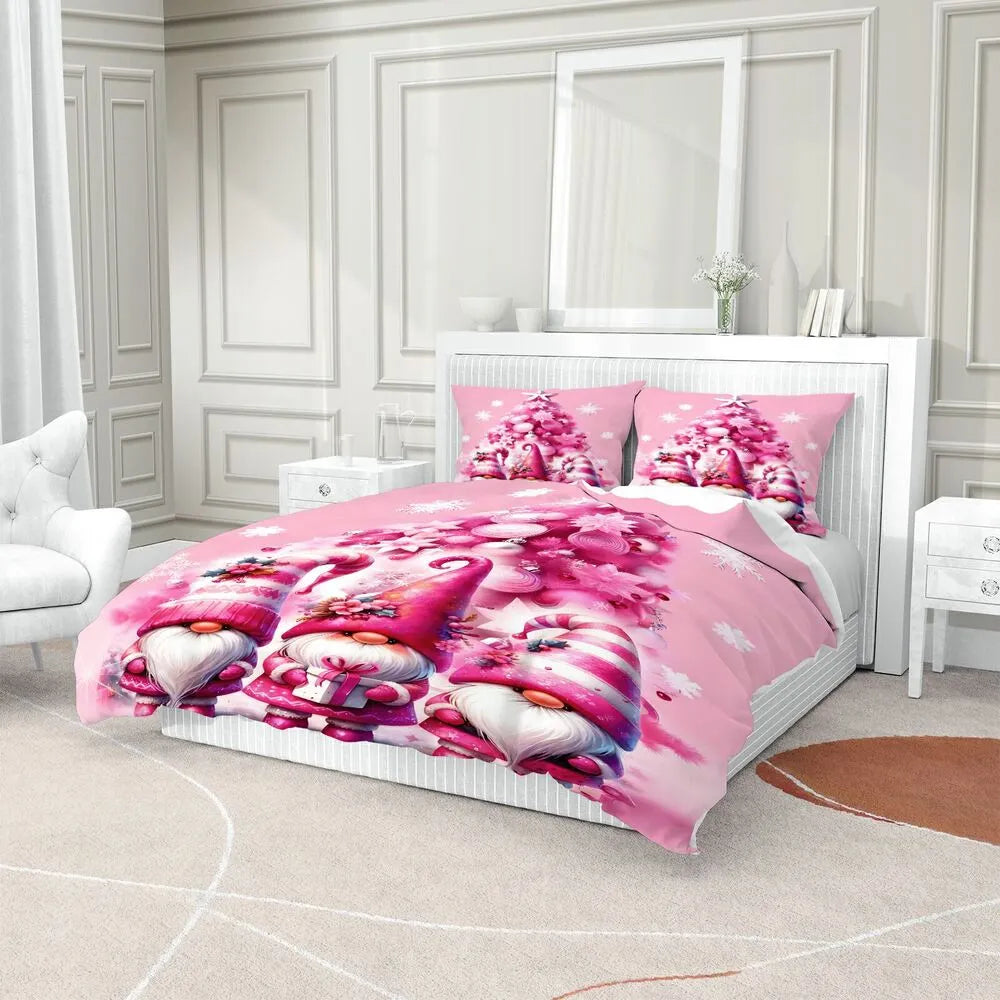 Christmas Cute Gnomes Pink Tree Christmas Gift Duvet Cover Set Kids Bedding Set
