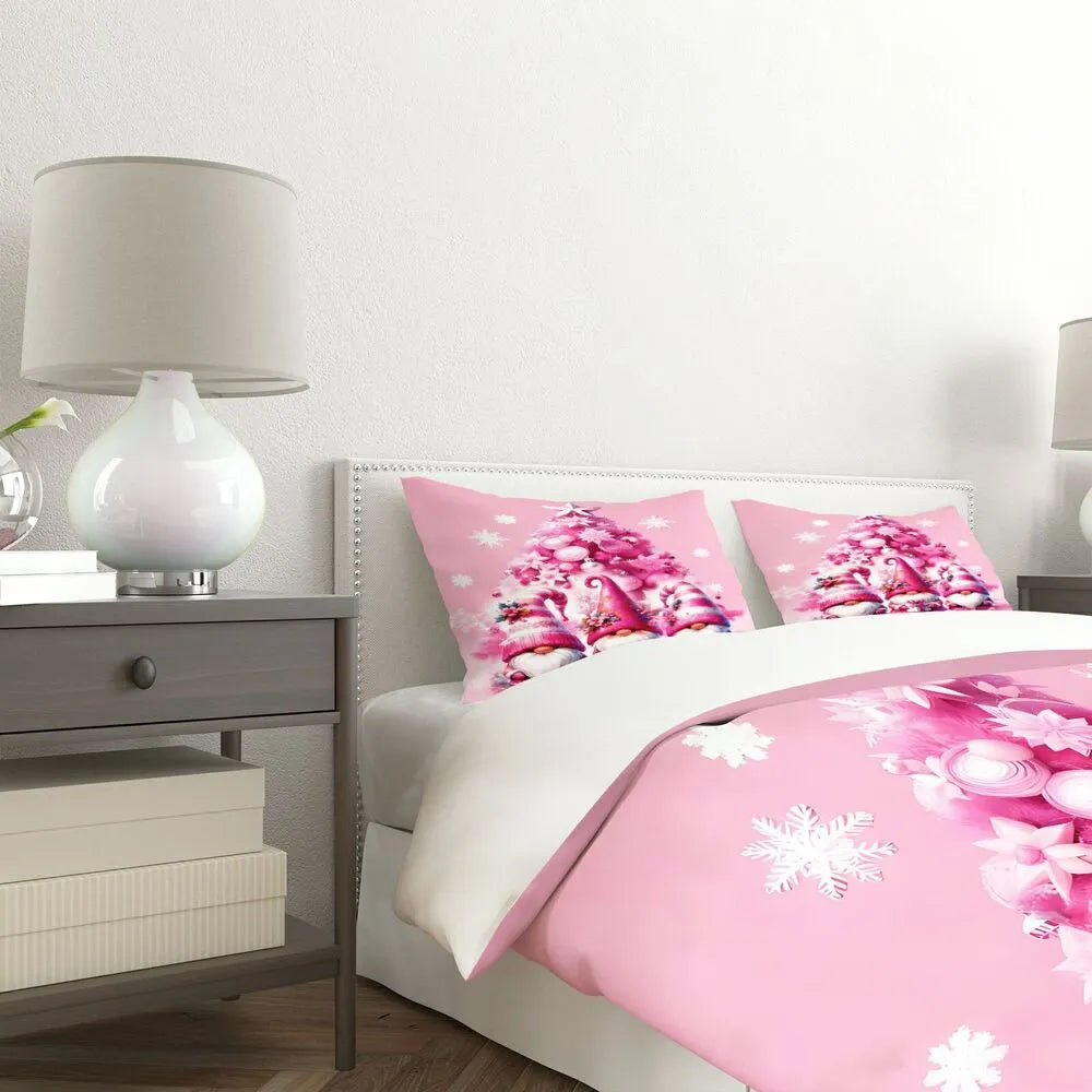 Christmas Cute Gnomes Pink Tree Christmas Gift Duvet Cover Set Kids Bedding Set