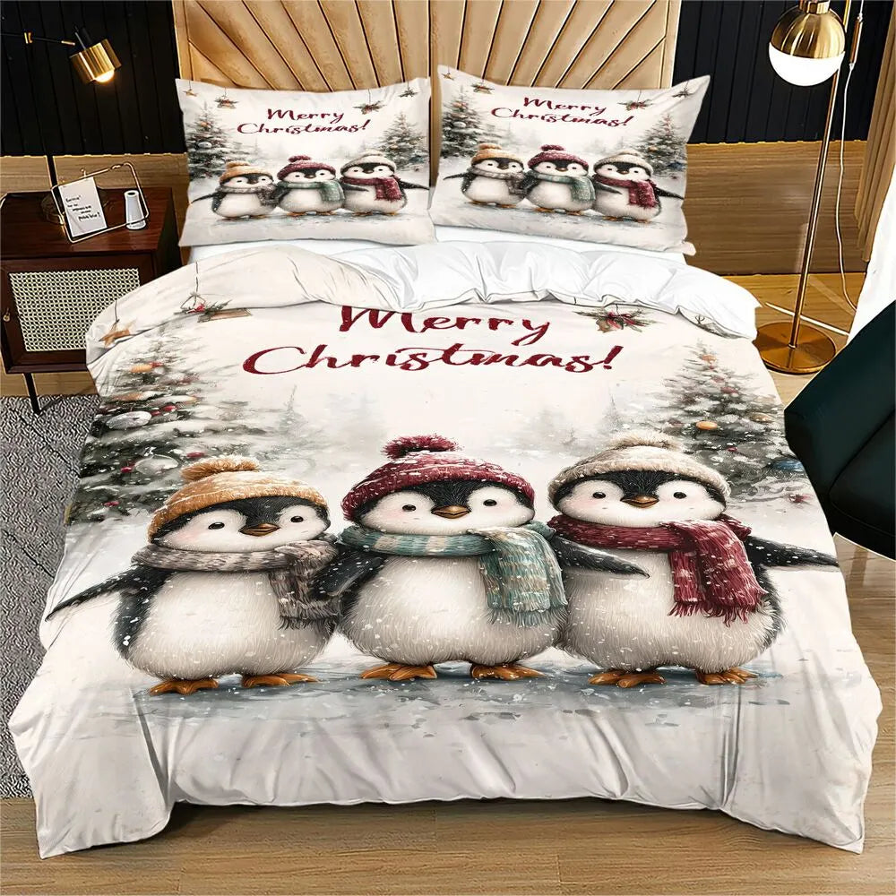 Christmas Cute Penguins Merry Christmas White Christmas Gift Duvet Cover Set Kids Bedding Set