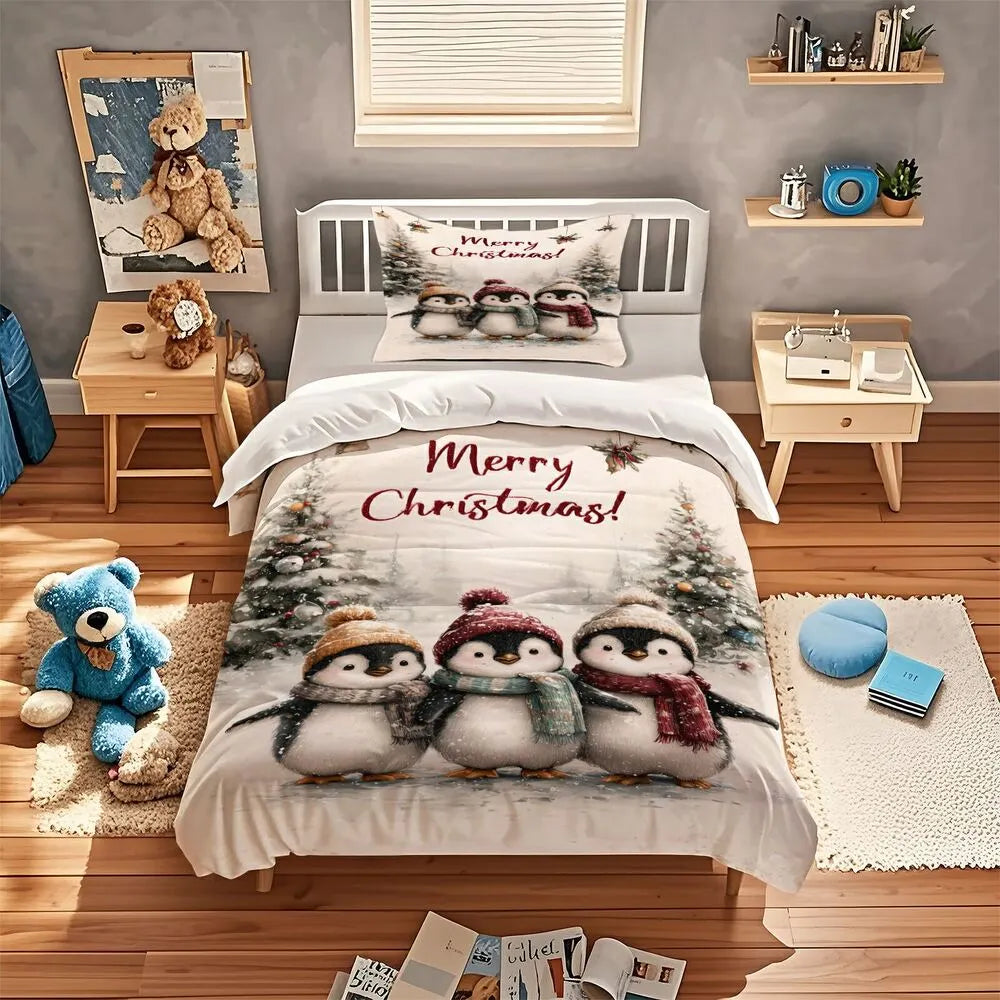Christmas Cute Penguins Merry Christmas White Christmas Gift Duvet Cover Set Kids Bedding Set
