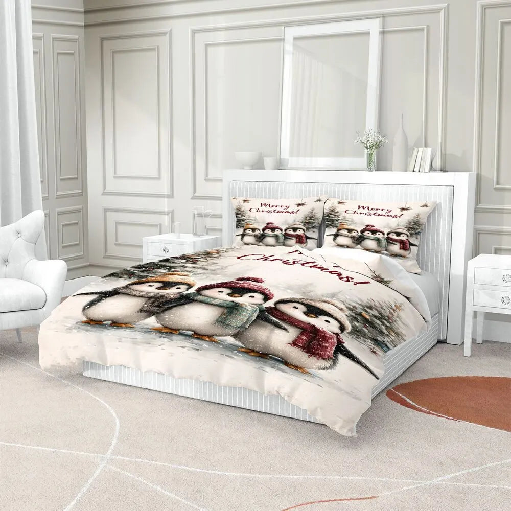 Christmas Cute Penguins Merry Christmas White Christmas Gift Duvet Cover Set Kids Bedding Set