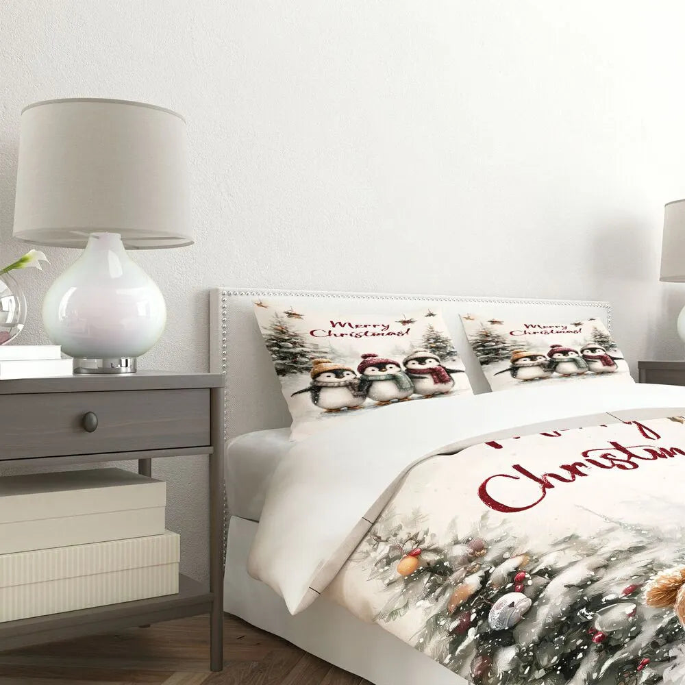 Christmas Cute Penguins Merry Christmas White Christmas Gift Duvet Cover Set Kids Bedding Set